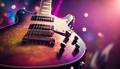 Close up of electric guitar during rock concert - obrazy, fototapety, plakaty