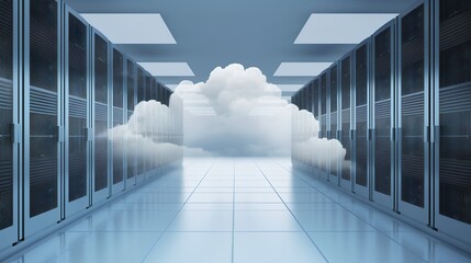 Abstract server room featuring floating clouds, illustrating the concept of cloud computing, showcasing the seamless integration of data storage and processing in a virtual environment. Generative AI