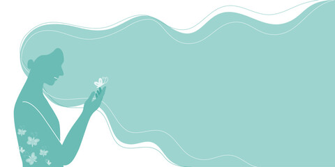 Silhouette of smiling woman with butterflies in stomach, mental health concept. Flat vector illustration banner.	