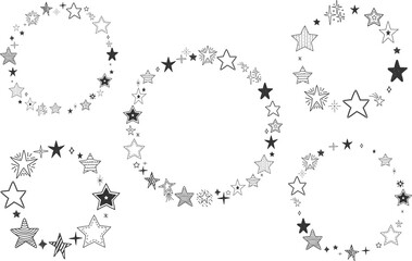 Hand drawn stars arranged in circles, five round star frames