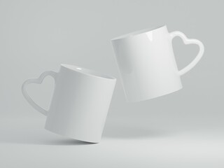 Floating and rotated white coffee cups 11 oz with copy space for the logo, text or design on a white background. Mock up for drink concept. Two mugs. 3D Rendering.