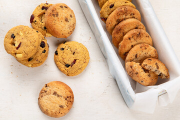 National Cookie Day with yummy freshly chocolate chip cookies on a white background. Top view.