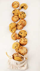 National Cookie Day with yummy freshly chocolate chip cookies on a white background. Top view.