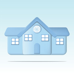 Blue building. 3D vector illustration isolated on light blue background. Real estate,education academy, mortgage, government office, rent, loan, smart house, work place, delivery location concept.