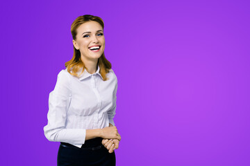 Happy smiling attractive businesswoman, with copy space area for slogan or text. Confident blond...
