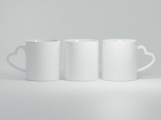Realistic 11oz Heart Shaped Handle Ceramic Mugs Mock Up on a Plain White Background as 3D Rendering - Three Mugs.