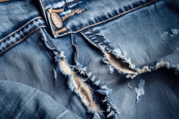 Naklejka premium Blue jeans texture background. Ripped denim blue cloth. Text place, banner, fashion background. Generative AI