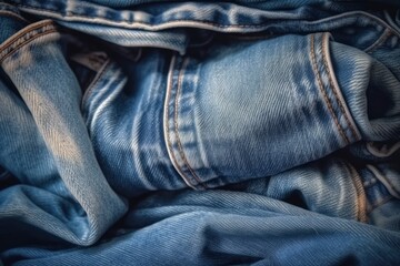 Fototapeta premium Blue jeans texture background. Denim blue cloth. Text place, banner, fashion background. Generative AI