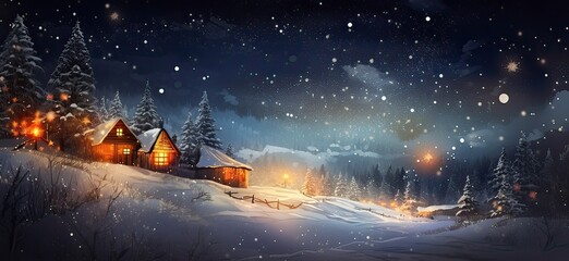 Wooden house in a snowy forest. Winter wonderland. Generative Ai.