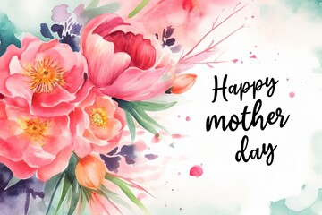 A heartfelt Mother's Day card design showcasing a bouquet of exquisite flowers in vibrant hues, carefully arranged and tied with a ribbon, symbolizing love and appreciation, Generative AI