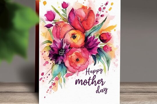A heartfelt Mother's Day card design showcasing a bouquet of exquisite flowers in vibrant hues, carefully arranged and tied with a ribbon, symbolizing love and appreciation, Generative AI