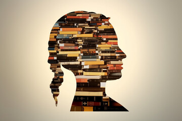Leisure and hobbies concept. Book day idea. Woman face silhouette made of books with copy space. Person portrait made of books. Generative AI