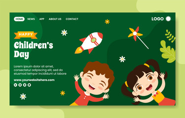 Happy Children Day Social Media Landing Page Flat Cartoon Hand Drawn Template Illustration