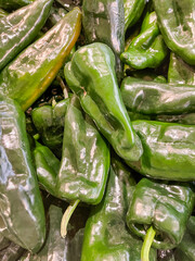 Close up view of Poblano peppers on display at a supermarket.
