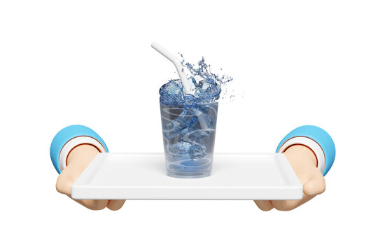 two hands holding white tray with glass, ice cubes, water splash, drinking straws, clear blue water scattered around isolated. Serve water concept, 3d render illustration