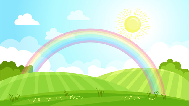 Vector background. Summer landscape. Green field, rainbow and sun in blue sky