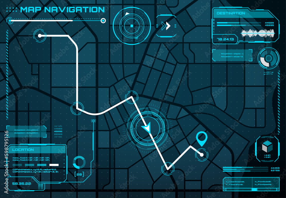 Poster Hud city map navigation interface screen, route. Road traffic path, navigation app digital screen vector interface, city street route futuristic map background or delivery destination infographics