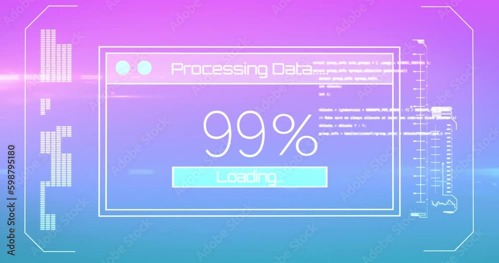 Poster animation of interface with data processing and light spot against purple gradient background