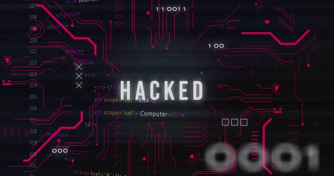 Animation of hacked text banner, microprocessor connections and data processing on black background
