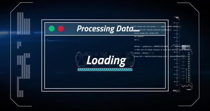 Animation of interface with data processing and light spot against blue background
