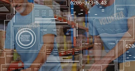 Animation of data processing over two caucasian male volunteers with grocery bags at warehouse - Powered by Adobe