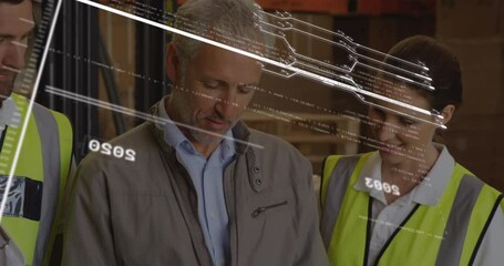 Animation of data processing over team of diverse workers and supervisor discussing at warehouse - Powered by Adobe