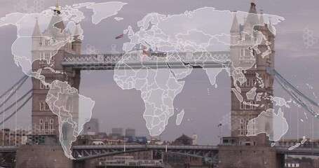 Animation of world map and data processing against view of london bridge - Powered by Adobe