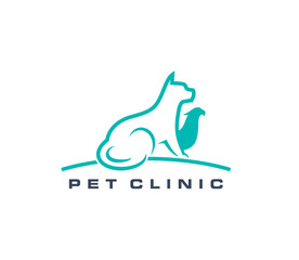 Pet clinic symbol, veterinary doctor help icon. Domestic animal medical service, pet veterinarian hospital or cat veterinary clinic vector sign. Vet doctor practice icon with cat, parrot silhouettes