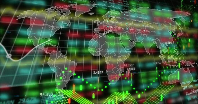 Animation of financial and stock market data processing over world map against black background