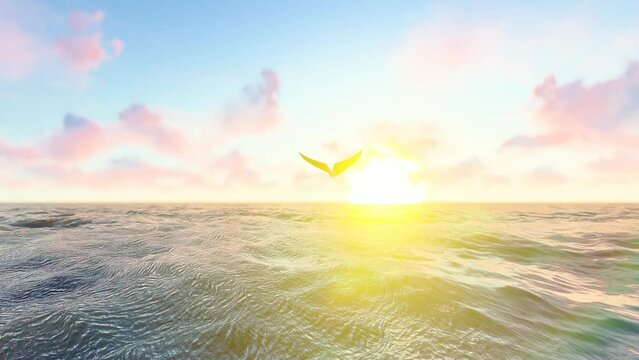 The paper airplane faces the sun and crosses the sea level towards freedom and distance