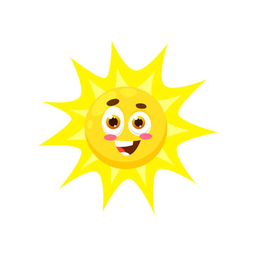 Cartoon sun character, vector cheerful sunny personage with smiling face and yellow rays emanating from head. Cute and friendly solar for summer weather forecast app, sunscreen cream or children book