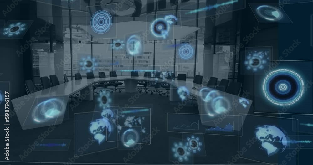 Poster animation of multiple round scanners and data processing against empty office