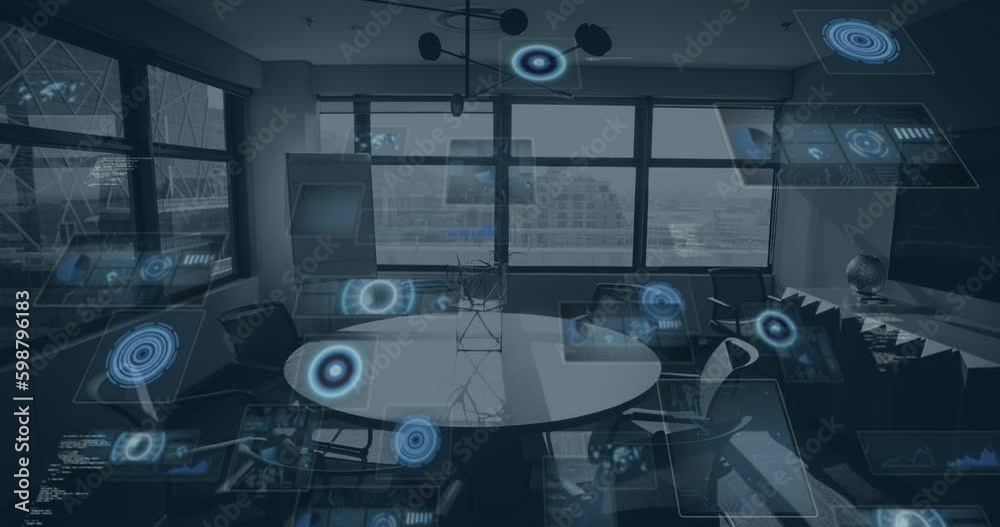 Poster animation of multiple round scanners and data processing against empty office