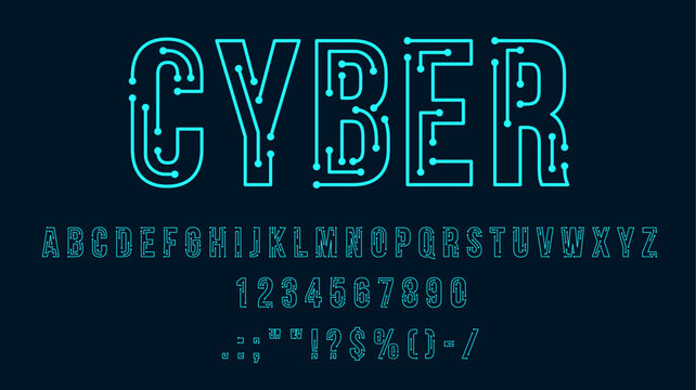 Futuristic cyber tech font, modern type, neon typeface and alphabet. Digital latin alphabet numeral and special symbols, ABC vector letters and digits or computer motherboard traces font typeset
