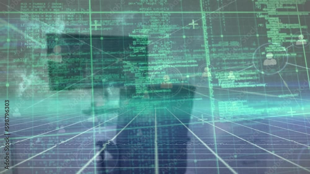 Poster animation of network of profile icons and data processing over grid network against office desk