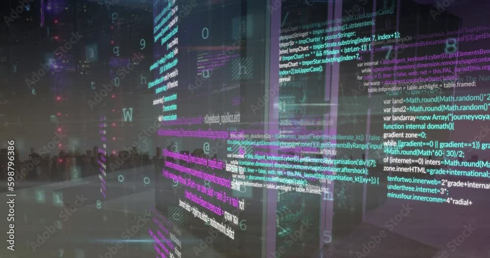 Poster animation of cyber security data processing over computer server room against view of cityscape