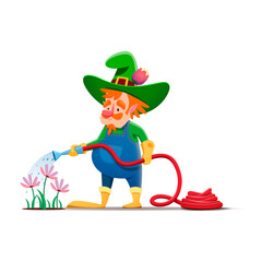 Cartoon gnome or dwarf character watering flowers. Fairy elf, fantasy dwarf or garden midget comical isolated vector personage. Fairytale gnome farmer funny character watering spring flowers with hose