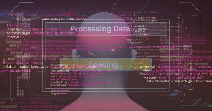 Animation of interface with data processing over spinning human head model against pink background