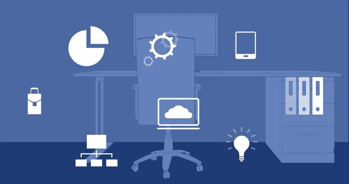 Animation of multiple digital icons floating against office desk