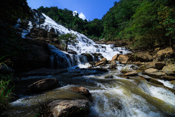 wide angle shot, Mea Ya Waterfall in the rain season at Doi Inthanon National park, north of Chiang Mai Province,  Thailand