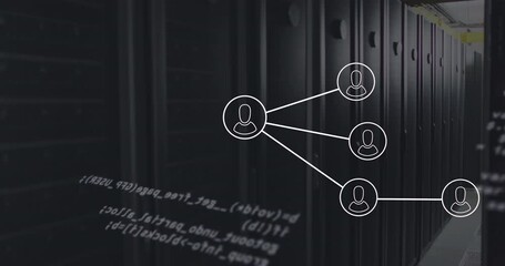 Animation of network of profile icons and data processing against computer server room - Powered by Adobe