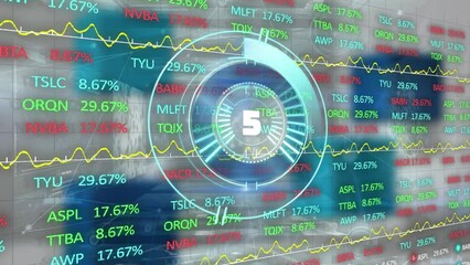 Animation of countdown over neon round scanner against stock market data processing - Powered by Adobe