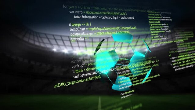 Animation of football and data processing over sports stadium