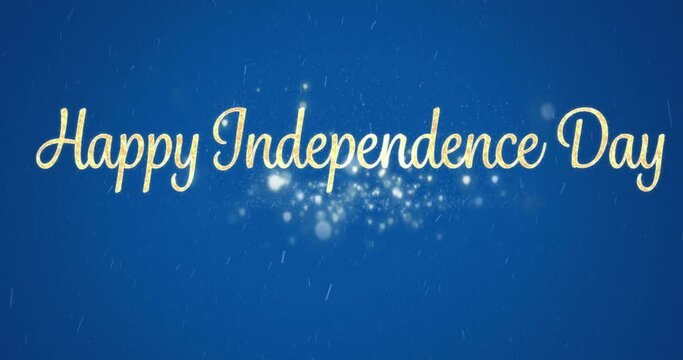 Animation of independence day text over glowing spots on blue background