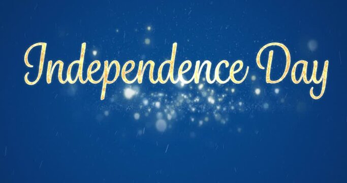 Animation of independence day text over glowing spots on blue background