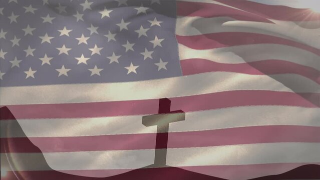 Animation of christian cross and flag of united states of america