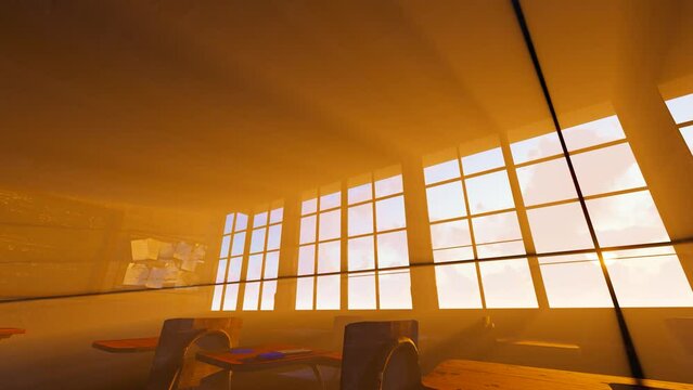 Abandoned empty classroom window sunlit.