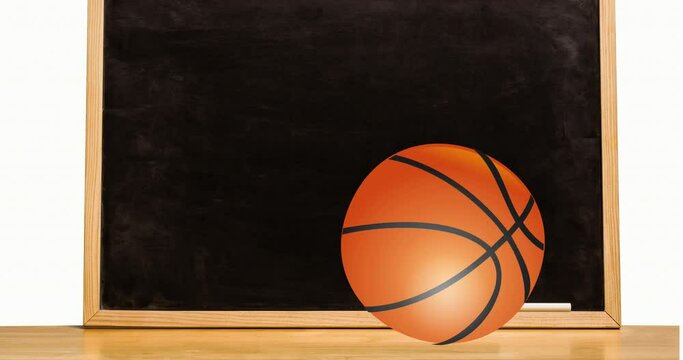 Animation of basketball rolling on table over black board and white chalk against white background