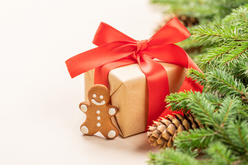 Xmas fir tree branch, Christmas gift box and space