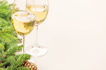 Xmas fir tree branch, champagne and space